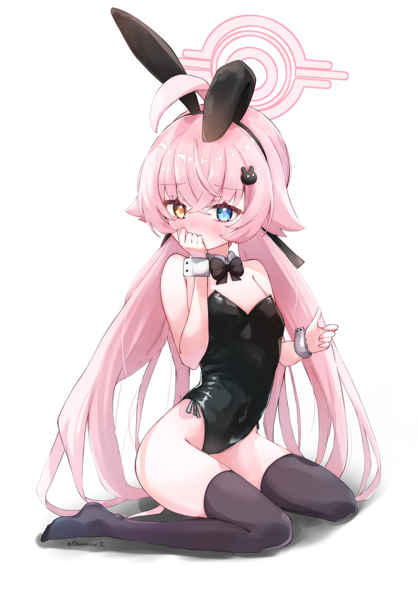 pikamame il, hoshino (blue archive), blue archive, highres, 1girl, ahoge, animal ears, black leotard, black thighhighs, blue eyes, blush, bow, bowtie, breasts, covered navel, fake animal ears, hair ornament, halo, heterochromia, leotard, long hair, looking at viewer, orange eyes, pink hair, pink halo, playboy bunny, rabbit ears, side-tie leotard, simple background, small breasts, solo, strapless, strapless leotard, thighhighs, white background, white wrist cuffs, wrist cuffs