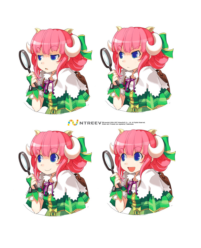 armcho, sheep (trickster), trickster (ntreev soft), 10s, 1girl, angry, animal ears, blue eyes, happy, horns, magnifying glass, mirror, multiple expressions, pink hair, sheep ears, smile