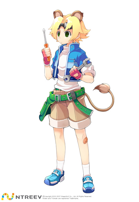 armcho, lion (trickster), trickster (ntreev soft), 10s, 1boy, animal ears, bandaid, blonde hair, full body, goggles, green eyes, lion ears, male focus, short hair, solo, standing, tail