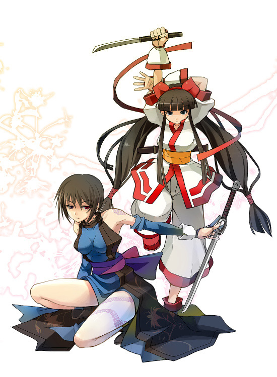 armcho, nakoruru, shiki (samurai spirits), samurai spirits, 2girls, ainu clothes, alternate hairstyle, armpits, bare shoulders, black hair, bow, breasts, elbow gloves, gloves, hair bow, hairband, heterochromia, japanese clothes, katana, kneeling, legs, long hair, low-tied long hair, medium breasts, multiple girls, ninja, on one knee, red bow, reverse grip, ribbon, short hair, standing, standing on one leg, sword, tattoo, twintails, very long hair, very short hair, weapon