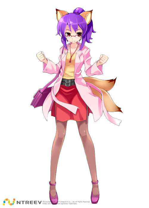 armcho, fox (trickster), trickster (ntreev soft), 10s, animal ears, bag, fox ears, fox tail, full body, glasses, multiple tails, pantyhose, ponytail, purple hair, skirt, solo, standing, tail