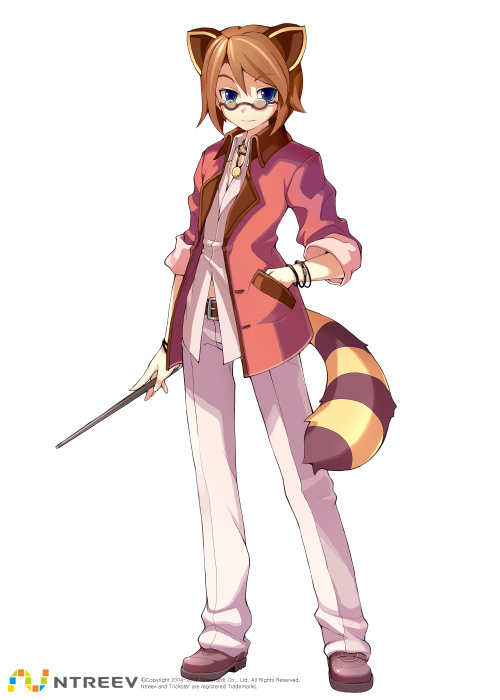 armcho, professor, raccoon (trickster), trickster (ntreev soft), 10s, 1boy, animal ears, blue eyes, bracelet, brown hair, formal clothes, full body, glasses, hand in pocket, jewelry, male focus, necklace, pointer, raccoon, raccoon ears, raccoon tail, short hair, simple background, sleeves rolled up, solo, standing, stick, suit, tail