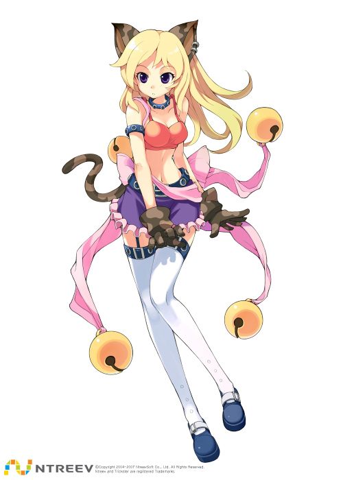 armcho, cat (trickster), trickster (ntreev soft), 10s, 1girl, animal ears, bell, belt, blonde hair, cat ears, cat tail, collar, earrings, female focus, full body, garter belt, jewelry, long hair, midriff, purple eyes, skirt, solo, tail, thighhighs, white thighhighs