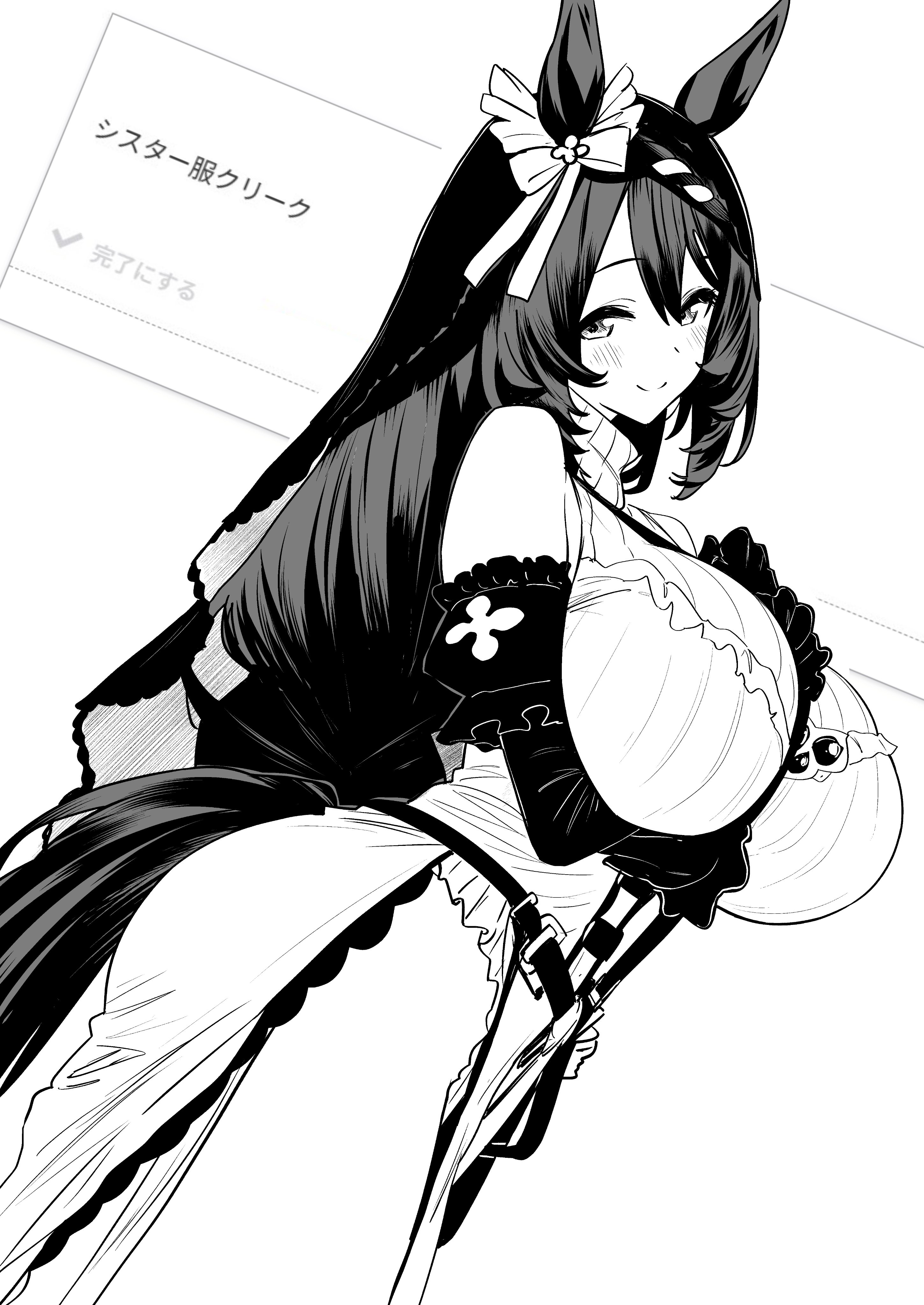 herohero (higashi no dou), super creek (umamusume), umamusume, absurdres, commentary request, highres, 1girl, animal ears, bare shoulders, blush, braid, braided bangs, breasts, closed mouth, detached sleeves, dress, ear ornament, from side, greyscale, horse ears, horse girl, horse tail, huge breasts, long hair, looking at viewer, monochrome, pelvic curtain, simple background, smile, solo, tail, thighs, very long hair, white background