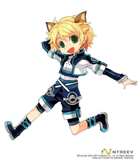 armcho, lion (trickster), trickster (ntreev soft), 10s, 1boy, animal ears, blonde hair, full body, green eyes, male focus, short hair, solo