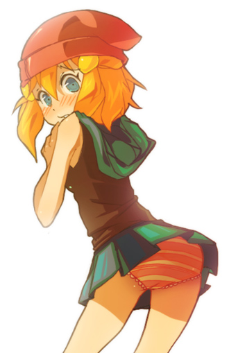dawn (pokemon), dismay, dismay (pokemon), may (pokemon), misty (pokemon), 4chan, nintendo, pokemon, non-web source, 1girl, blonde hair, blue eyes, blush, female focus, fusion, hat, orange hair, panties, pantyshot, simple background, skirt, solo, standing, striped clothes, striped panties, underwear, upskirt, white background, wind, wind lift