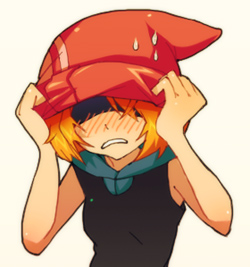 dawn (pokemon), dismay, dismay (pokemon), may (pokemon), misty (pokemon), 4chan, nintendo, pokemon, lowres, non-web source, 1girl, blush, female focus, fusion, hat, hat over eyes, orange hair, simple background, solo, white background