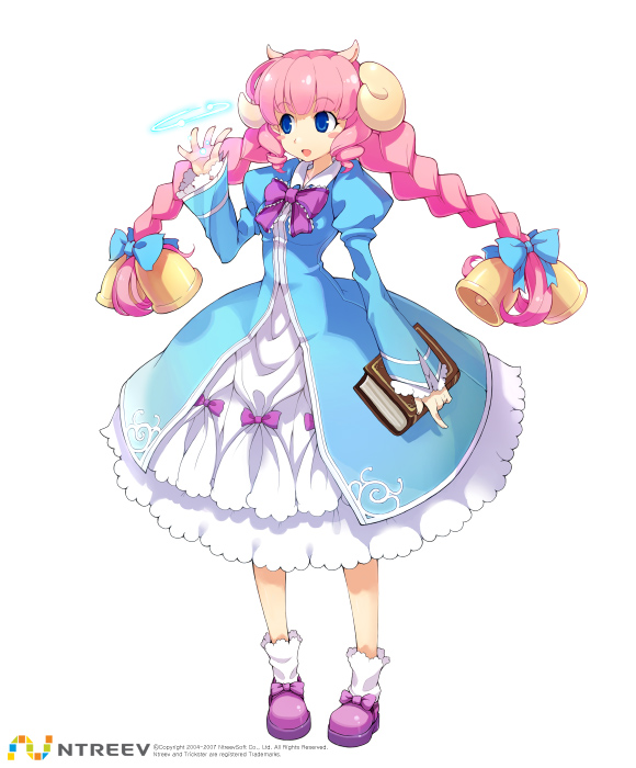 armcho, sheep (trickster), trickster (ntreev soft), 10s, animal ears, bell, blue eyes, book, bow, braid, dress, full body, hair bow, hair ribbon, horns, long hair, pink hair, ribbon, sheep ears, socks, solo, standing, twin braids