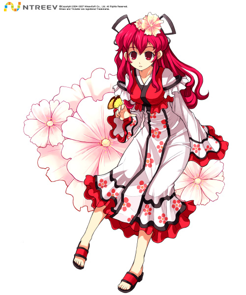 armcho, trickster (ntreev soft), 10s, dress, flower, full body, hair ornament, long hair, red eyes, red hair, sandals, solo