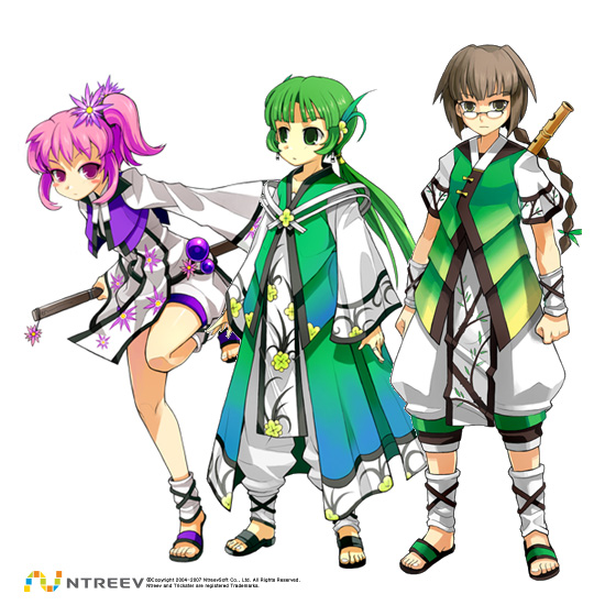 armcho, scholar andrew (trickster), scholar sharon (trickster), scholar tsun (trickster), trickster (ntreev soft), 10s, 1girl, 2boys, braid, brown hair, full body, glasses, green eyes, green hair, grey eyes, japanese clothes, katana, long hair, multiple boys, pink hair, purple eyes, short hair, standing, sword, weapon