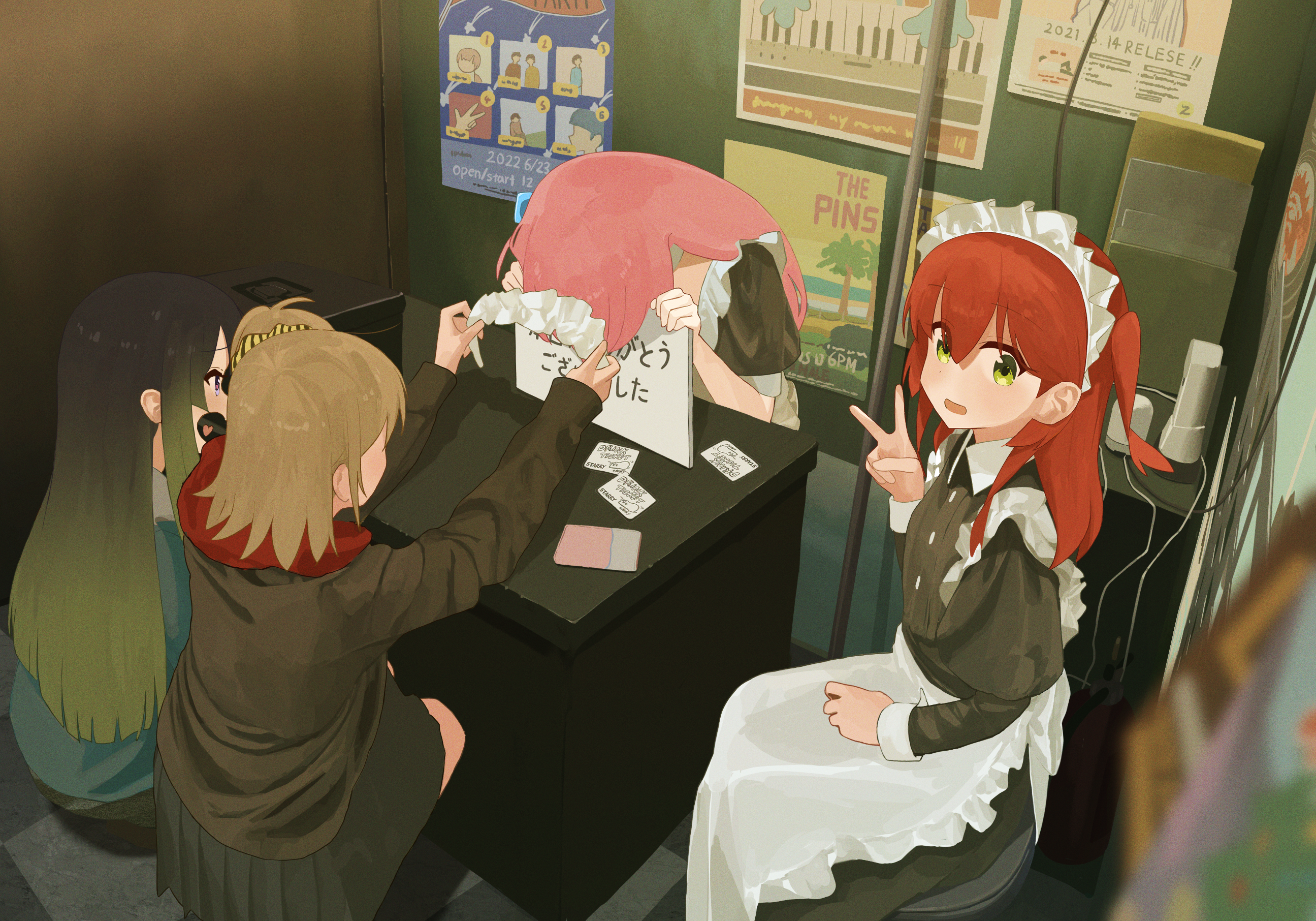 shirasuke 0822, gotoh hitori, kita ikuyo, bocchi the rock!, commentary request, highres, 4girls, apron, black dress, black hair, brown hair, dress, gradient hair, green eyes, green hair, grey skirt, heart, heart in mouth, hinata erena, juliet sleeves, long hair, long sleeves, maid, maid apron, maid headdress, multicolored hair, multiple girls, one side up, ooyama nene, open mouth, pink hair, pleated skirt, puffy short sleeves, puffy sleeves, red hair, school uniform, short sleeves, sitting, skirt, v, white apron