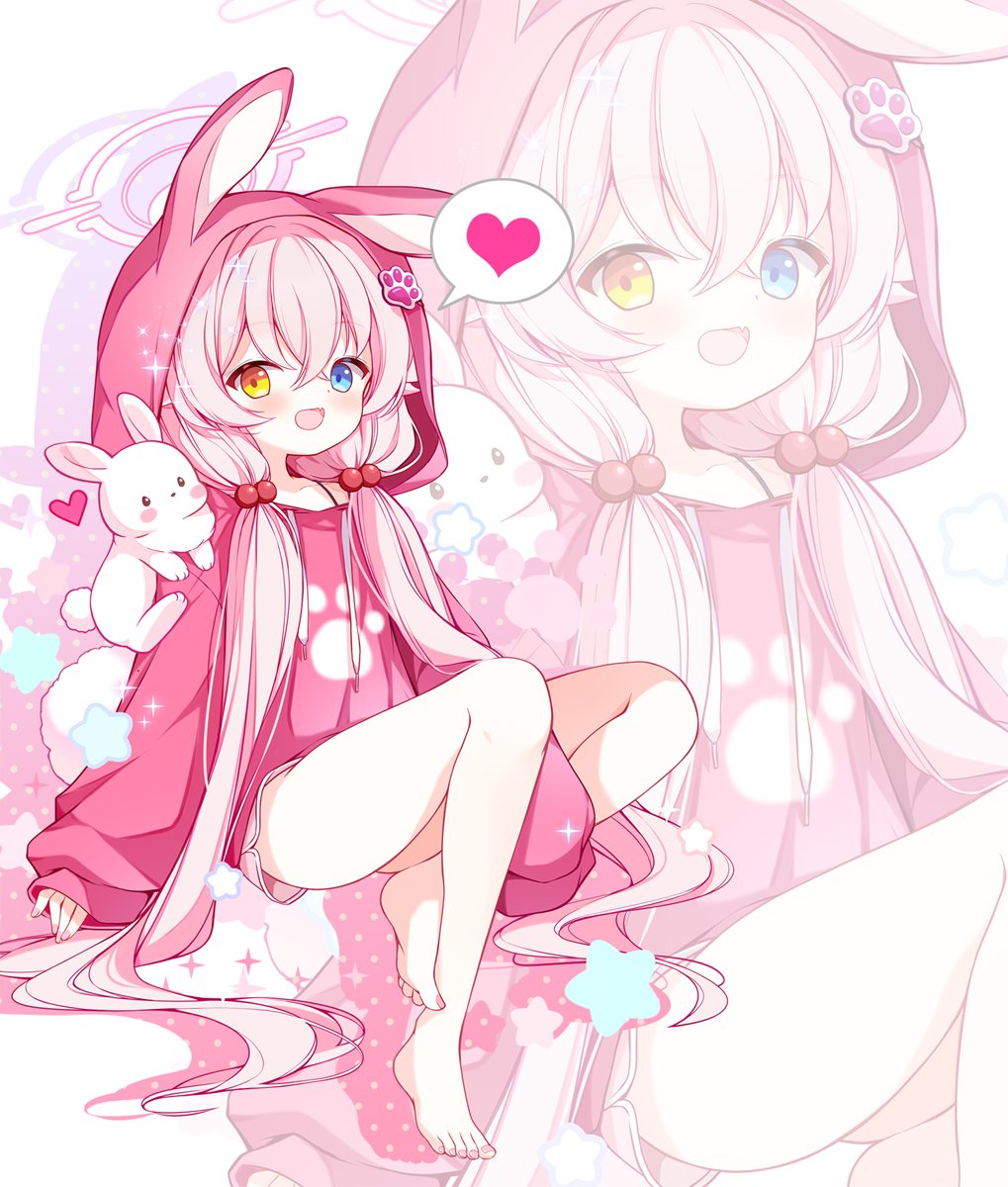 subin (subin 2011), hoshino (blue archive), blue archive, commentary request, highres, korean commentary, 1girl, :d, animal hood, bare legs, barefoot, blue eyes, blush, fang, full body, hair between eyes, hair bobbles, hair ornament, halo, heart, heterochromia, hood, hood up, hoodie, long hair, long sleeves, looking at viewer, low twintails, open mouth, pink hair, pink halo, pink hoodie, pink shorts, rabbit, rabbit hood, short shorts, shorts, simple background, sitting, skin fang, smile, solo, spoken heart, twintails, very long hair, white background, yellow eyes, zoom layer
