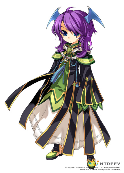 armcho, dragon (trickster), trickster (ntreev soft), green footwear, 10s, 1boy, blue eyes, full body, head wings, long hair, male focus, monster boy, purple hair, solo, standing, wings