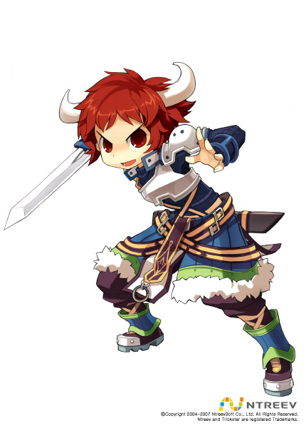 armcho, buffalo (trickster), trickster (ntreev soft), 10s, 1boy, armor, fighting stance, full body, fur trim, horns, male focus, red eyes, red hair, short hair, solo, standing, sword, weapon