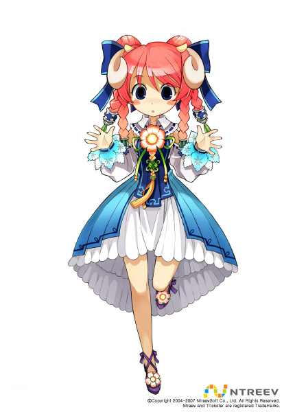 armcho, sheep (trickster), trickster (ntreev soft), 10s, animal ears, blue eyes, blush, bow, braid, dress, flower, full body, hair bow, horns, quad tails, ribbon, sheep ears, solo, standing, twin braids