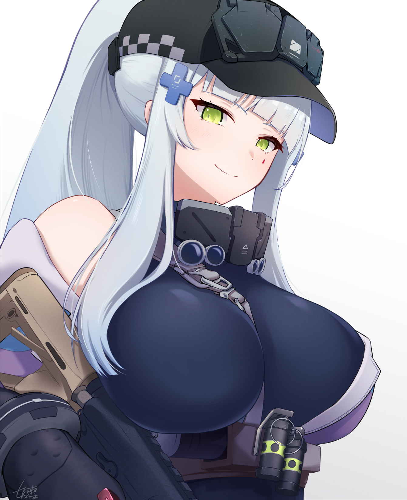 sopranino, hk416 (girls' frontline), klukai (girls' frontline 2), girls' frontline, girls' frontline 2: exilium, commentary request, highres, 1girl, assault rifle, bare shoulders, baseball cap, black hat, blue hair, breasts, green eyes, gun, h&k hk416, hair ornament, hat, high ponytail, holding, holding gun, holding weapon, large breasts, long hair, off shoulder, ponytail, rifle, signature, simple background, smile, solo, teardrop facial mark, upper body, weapon, white background, x hair ornament