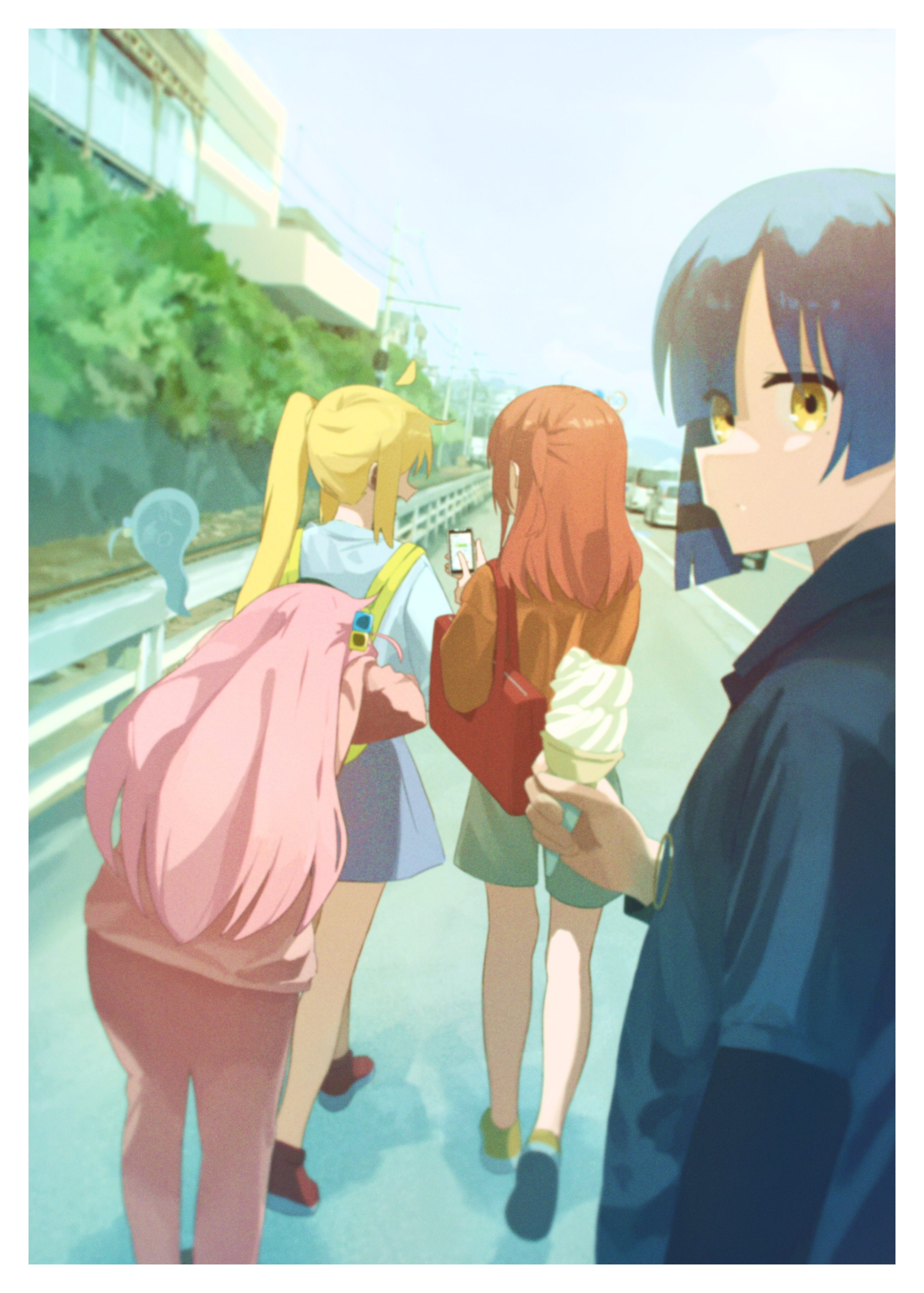 shirasuke 0822, gotoh hitori, ijichi nijika, kita ikuyo, yamada ryo, bocchi the rock!, enoshima electric railway, absurdres, commentary request, highres, 4girls, ahoge, black shirt, blonde hair, blue hair, border, cellphone, cube hair ornament, detached ahoge, giving up the ghost, grey shorts, hair ornament, holding, holding phone, jacket, kessoku band, layered sleeves, long hair, long sleeves, multiple girls, one side up, outdoors, pants, phone, pink hair, pink jacket, pink pants, pink track suit, real world location, red hair, red shoes, shirt, shoes, short over long sleeves, short sleeves, shorts, side ponytail, smartphone, track suit, white border, yellow eyes, yellow shoes