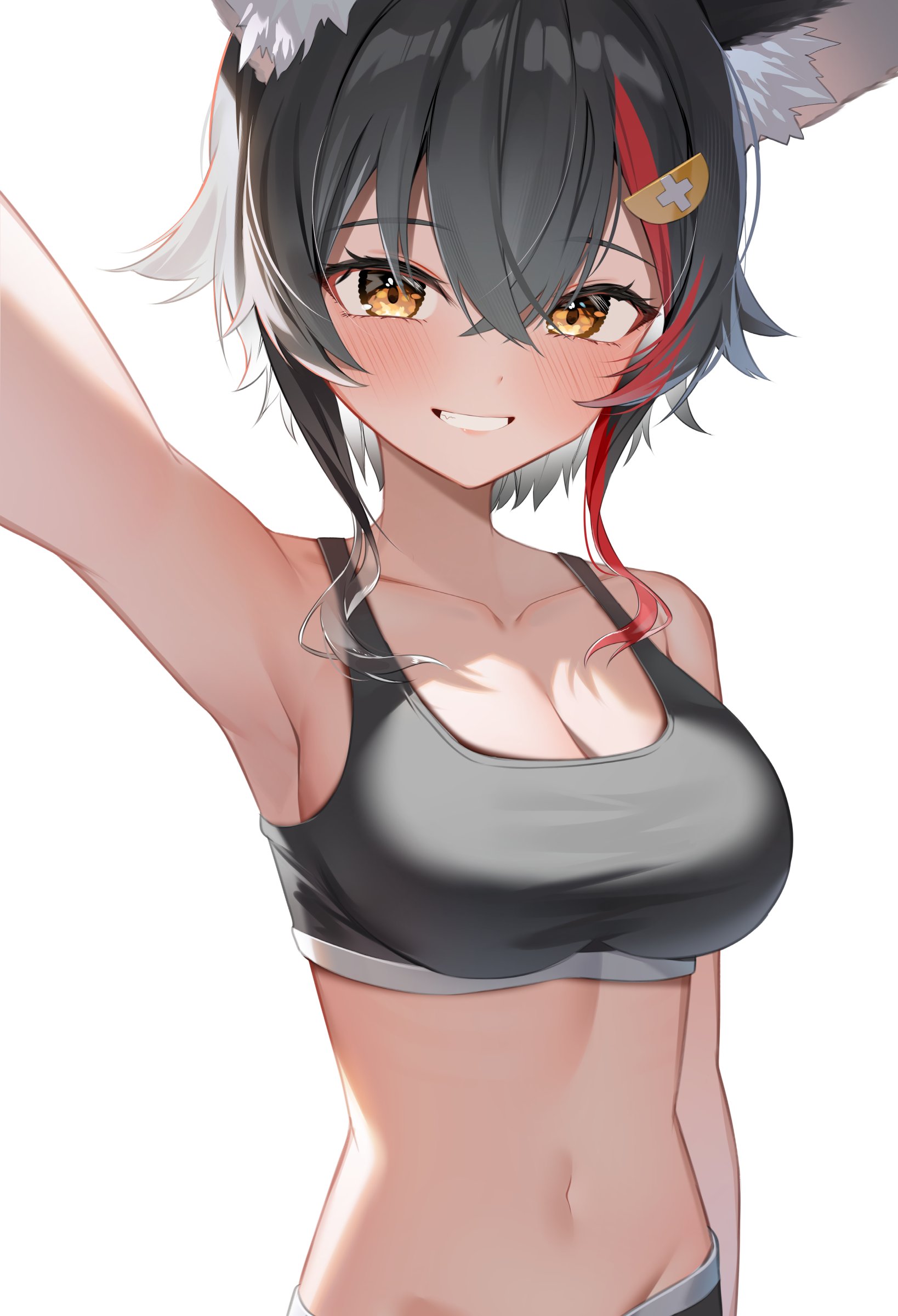 shuvi (shuvi1125), ookami mio, hololive, absurdres, commentary request, highres, 1girl, animal ear fluff, animal ears, arm up, armpits, blush, breasts, choppy bangs, cleavage, collarbone, crossed bangs, grey hair, grey panties, grey sports bra, grin, hair between eyes, large breasts, long bangs, long sidelocks, looking at viewer, multicolored hair, navel, panties, panty peek, red streaks, short hair with long locks, sidelocks, smile, solo, sports bra, sports panties, stomach, streaked hair, underwear, upper body, virtual youtuber, yellow eyes
