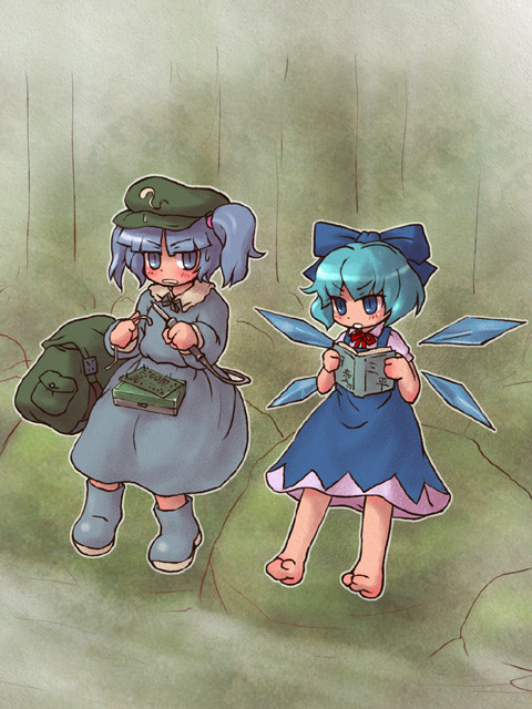 sankuma, cirno, kawashiro nitori, touhou, 2girls, blue eyes, blue hair, book, bow, female focus, multiple girls, sitting, twintails, two side up, wings