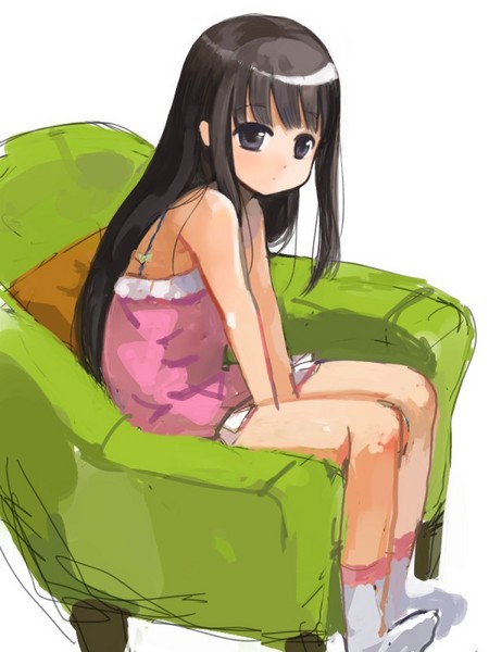 asasow, tsutsumi kinuka, hizashi no naka no real, 1girl, armchair, bare shoulders, between legs, black hair, blunt bangs, blush, camisole, chair, female focus, full body, hand between legs, long hair, looking at viewer, own hands together, purple eyes, simple background, sitting, sketch, solo, very long hair, white background