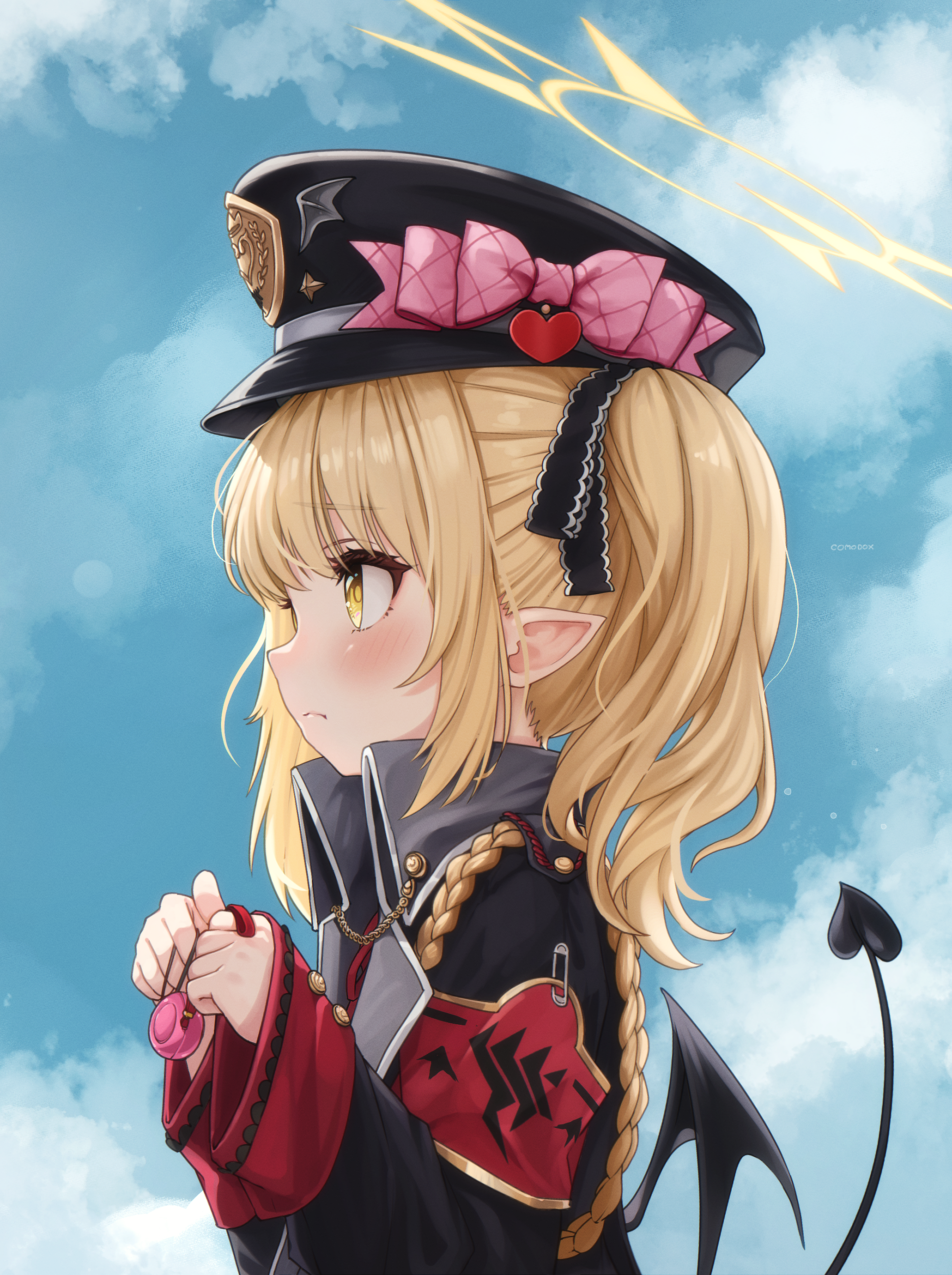 comodox, ibuki (blue archive), blue archive, absurdres, commentary, english commentary, highres, variant set, 1girl, blonde hair, crime prevention buzzer, demon tail, halo, hat, pointy ears, solo, tail, wings, yellow eyes