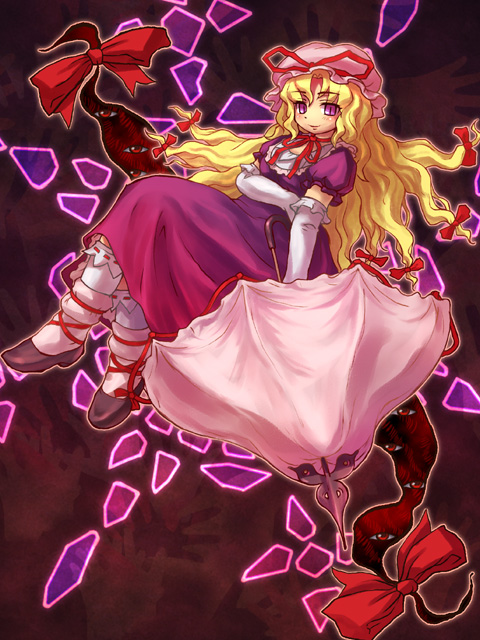 sankuma, yakumo yukari, touhou, 1girl, crossed legs, elbow gloves, female focus, full body, gap (touhou), gloves, gradient background, hat, parasol, sitting, solo, umbrella
