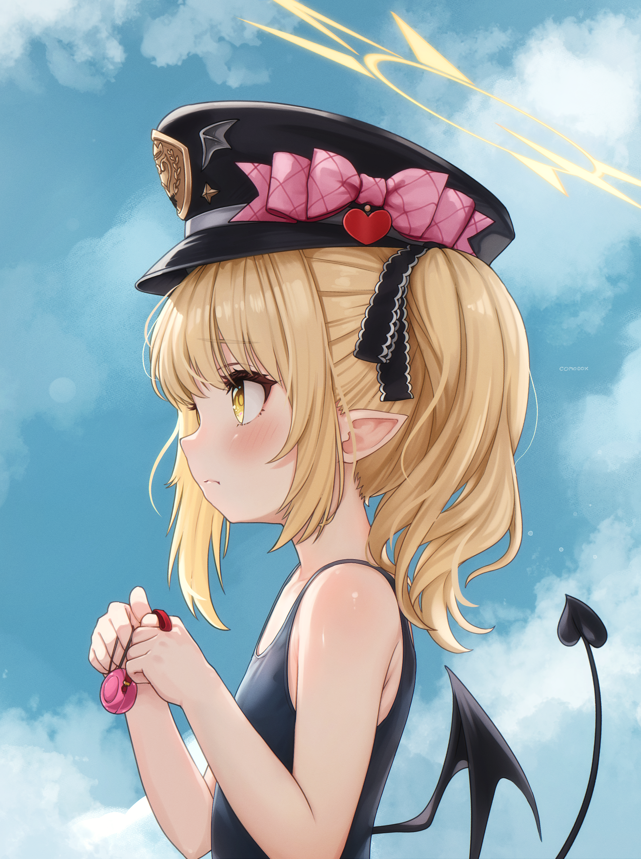comodox, ibuki (blue archive), blue archive, absurdres, commentary, english commentary, highres, variant set, 1girl, black tail, blonde hair, closed mouth, crime prevention buzzer, demon tail, halo, hat, one-piece swimsuit, peaked cap, pointy ears, school swimsuit, solo, swimsuit, tail, wings, yellow eyes, yellow halo