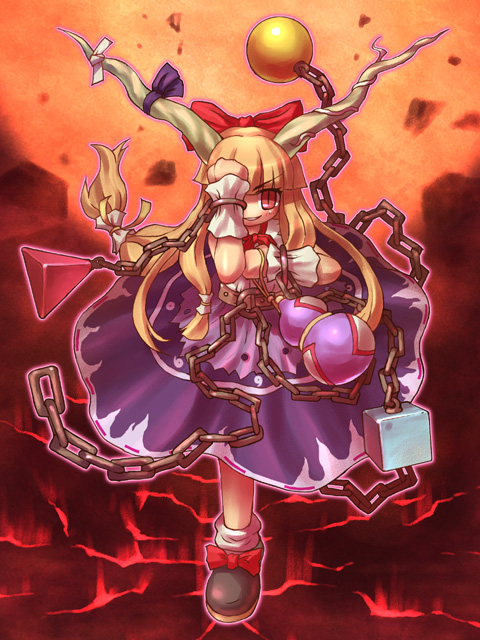 sankuma, ibuki suika, touhou, 1girl, chain, female focus, full body, horns, solo, standing