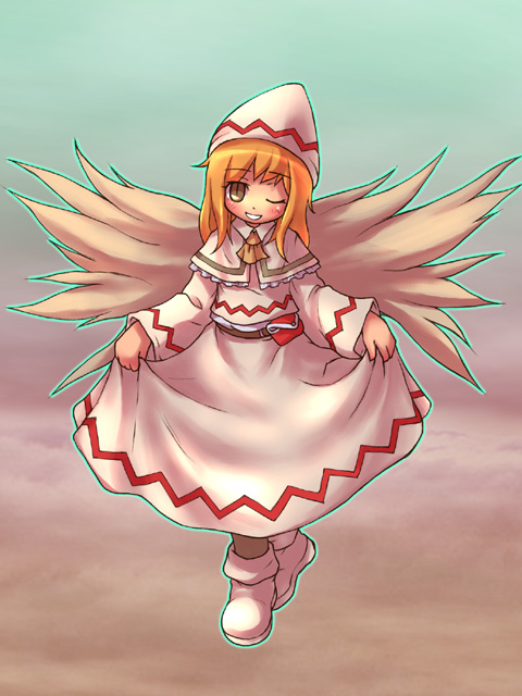sankuma, lily white, touhou, 1girl, blonde hair, female focus, full body, gradient background, one eye closed, outdoors, sky, solo, standing, wink