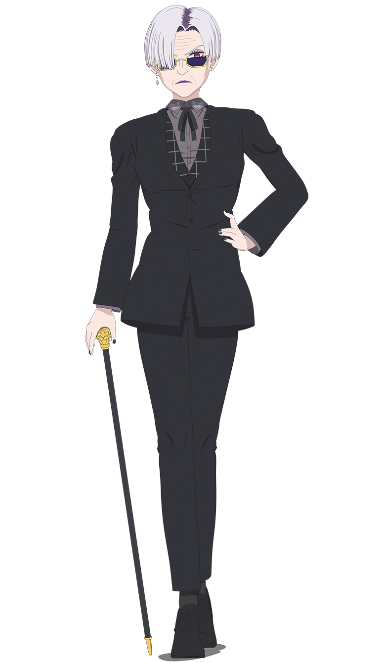 shinigami bocchan to kuro maid, highres, official art, 1girl, anime coloring, black jacket, black nails, black pants, black ribbon, black shoes, black socks, black suit, black vest, collared shirt, dress shoes, earrings, formal clothes, full body, glasses, grey shirt, hand on own hip, holding, holding staff, ichi (shinigami bocchan to kuro maid), jacket, jewelry, kuwabata mitsuru, lips, looking at viewer, nail polish, old, old woman, pants, parted bangs, plaid clothes, plaid vest, purple-tinted eyewear, red eyes, ribbon, shirt, shoes, short hair, simple background, socks, solo, staff, standing, suit, suit jacket, sunglasses, tachi-e, tinted eyewear, transparent background, v-shaped eyebrows, vest, white hair, wrinkled skin
