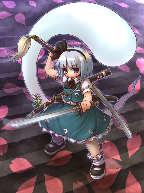 sankuma, konpaku youmu, konpaku youmu (ghost), touhou, 1girl, cherry blossoms, female focus, hairband, hitodama, katana, solo, sword, weapon