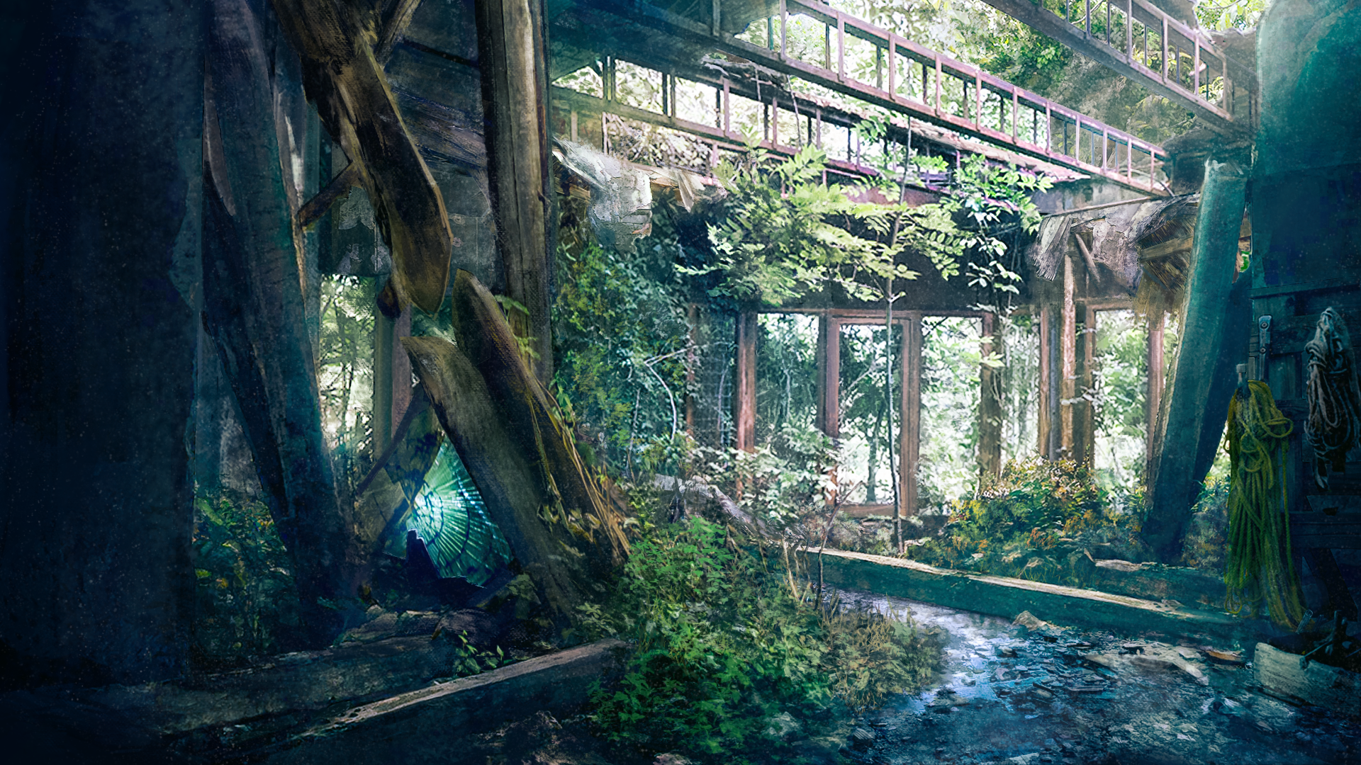 zaq (pgvc4472), original, commentary, highres, day, indoors, moss, no humans, overgrown, plant, ruins, scenery, vines