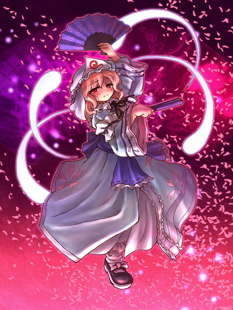 sankuma, saigyouji yuyuko, touhou, 1girl, cherry blossoms, dress, dual wielding, female focus, folded fan, folding fan, full body, gradient background, hand fan, hat, holding, solo