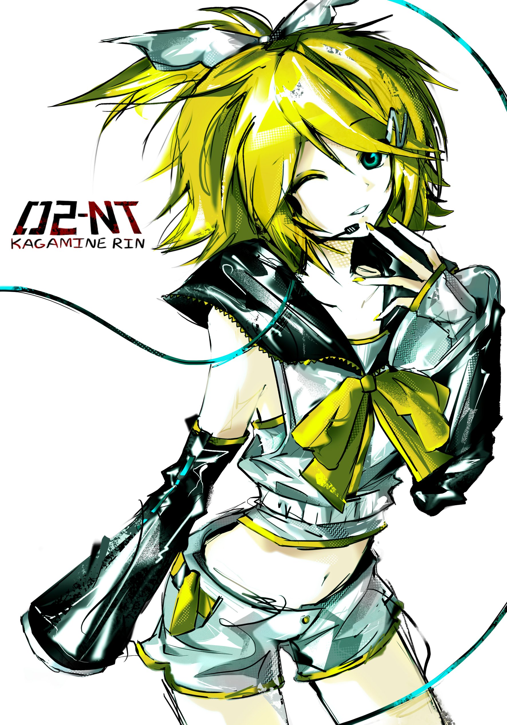 kagamine rin, vocaloid, absurdres, highres, 1girl, aqua eyes, blonde hair, bow, d4rkangel 01, detached sleeves, hair ornament, hairclip, headset, kagamine rin (nt), sailor collar, shirt, shorts, smile, solo, white bow