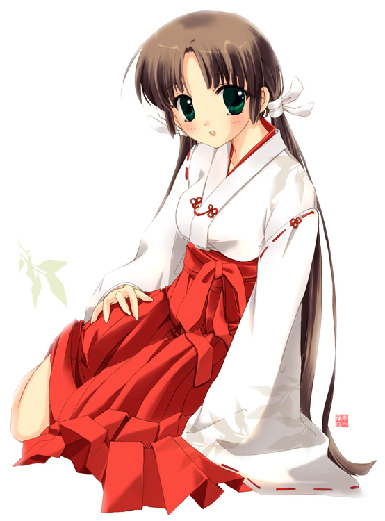nazen shikana, original, 1girl, :o, brown hair, female focus, green eyes, hakama, hakama skirt, japanese clothes, long hair, miko, red hakama, sitting, skirt, solo, twintails