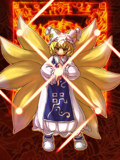sankuma, yakumo ran, touhou, 1girl, animal ears, animal hat, blonde hair, female focus, fox ears, fox tail, full body, hat, long sleeves, looking at viewer, mob cap, multiple tails, ofuda, short hair, solo, standing, tabard, tail, tassel, wide sleeves, yellow eyes