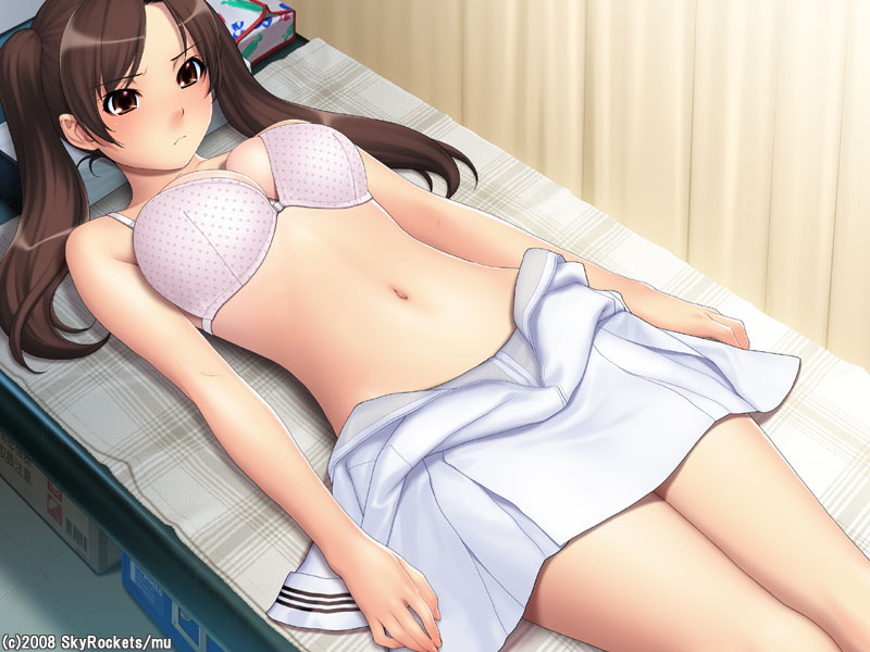 ino (magloid), kousaka rino, otome function, game cg, 1girl, blush, bra, brown eyes, brown hair, female focus, lingerie, long hair, lying, navel, on back, polka dot, polka dot bra, solo, twintails, underwear