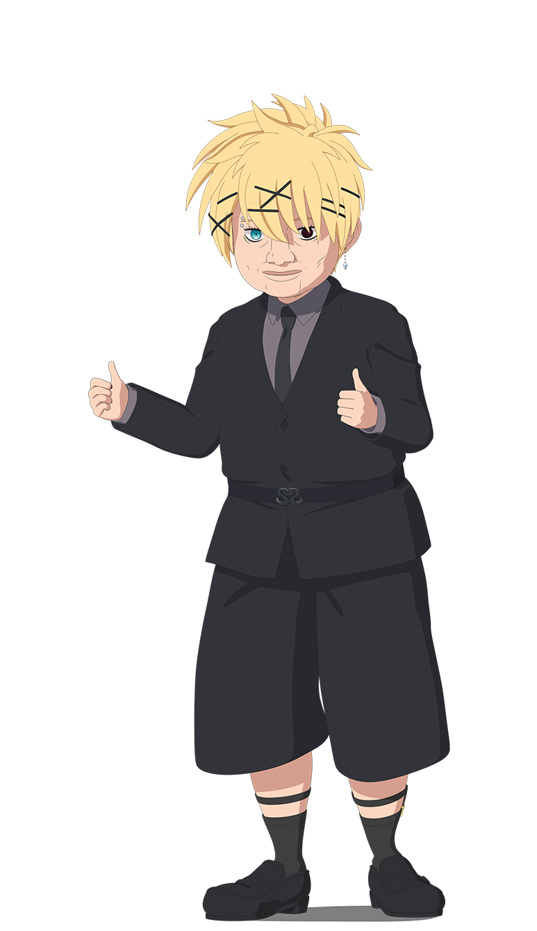 shinigami bocchan to kuro maid, highres, official art, 1boy, anime coloring, belt, black belt, black eyes, black jacket, black shoes, black shorts, black socks, black suit, blonde hair, blue eyes, closed mouth, collared shirt, dress shoes, earrings, formal clothes, free (shinigami bocchan to kuro maid), full body, grey shirt, hair ornament, hairclip, hands up, heterochromia, jacket, jewelry, kuwabata mitsuru, looking at viewer, shirt, shoes, short hair, shorts, simple background, socks, solo, spiked hair, standing, suit, suit jacket, tachi-e, thumbs up, transparent background, wrinkled skin, x hair ornament