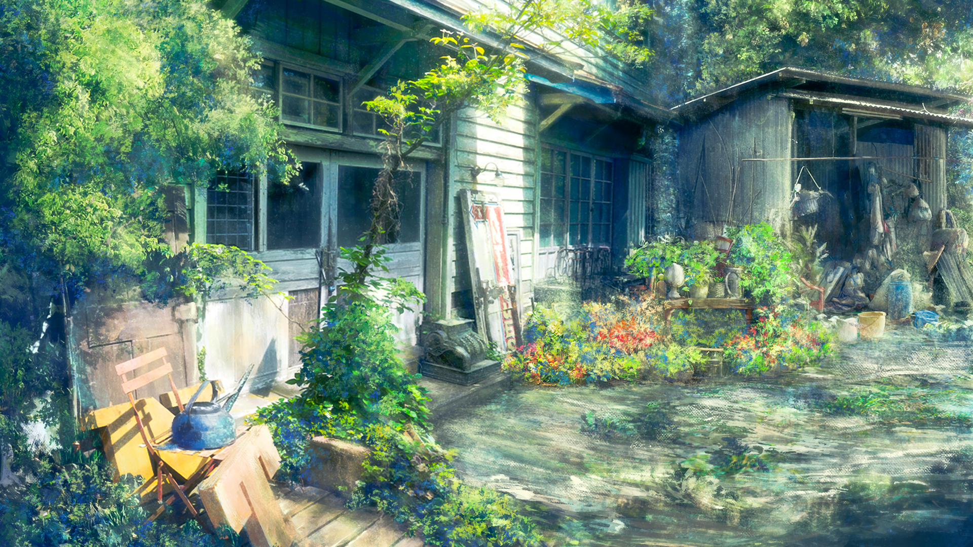zaq (pgvc4472), original, commentary, highres, building, day, no humans, outdoors, scenery, shed, tree, watering can