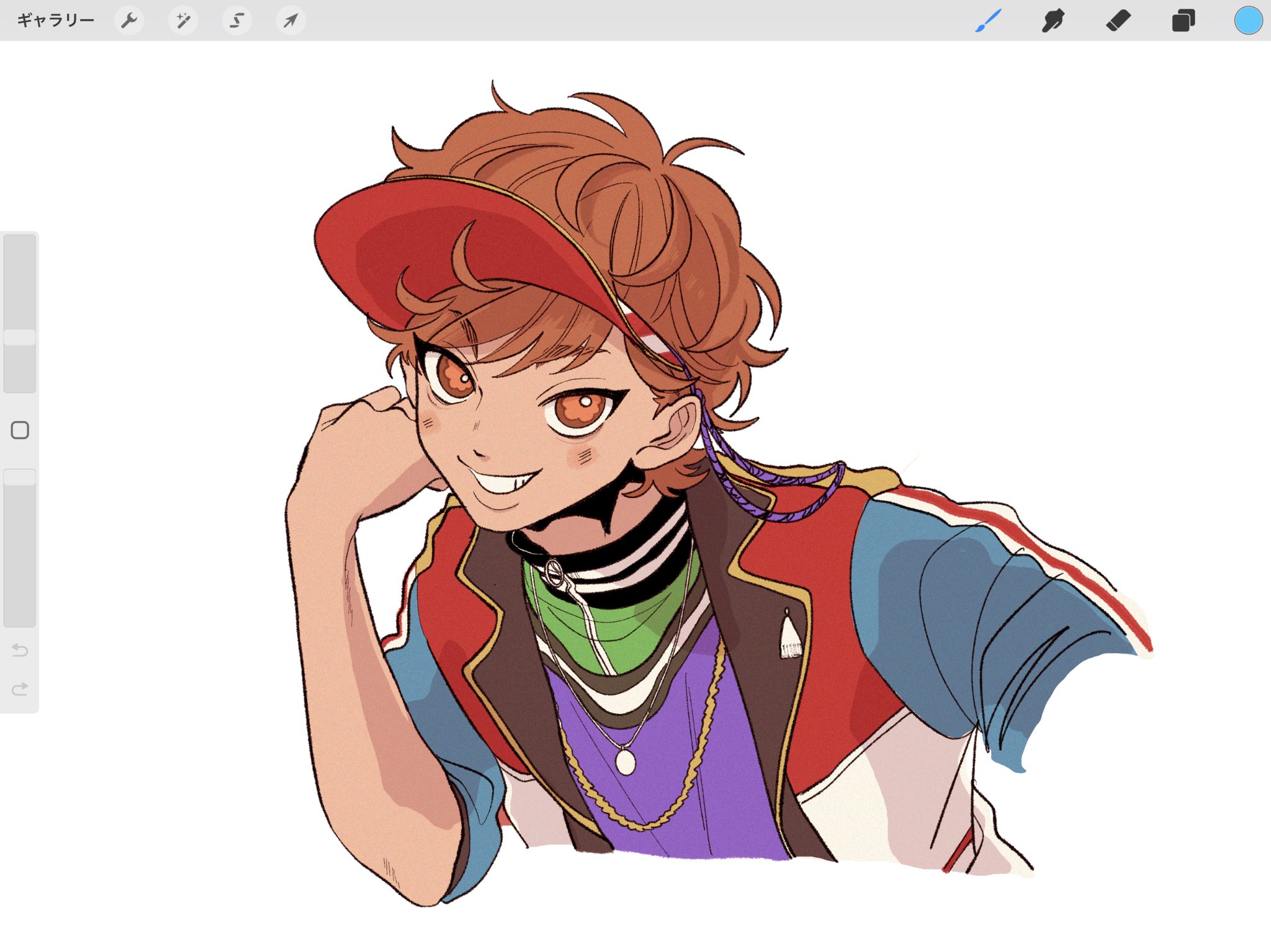 hypnosis mic, hypnosis mic: rule the stage, highres, 1boy, abinofa, ahoge, art program in frame, blue jacket, blush, bright pupils, brown eyes, brown hair, cowlick, cropped arm, cropped torso, film grain, gold necklace, gold trim, green jacket, grin, head on hand, jacket, jersey, jewelry, lapel pin, lapels, looking at viewer, looking up, male focus, multicolored jacket, multiple necklaces, necklace, notched lapels, open clothes, open jacket, purple shirt, red jacket, shirt, short hair, simple background, sleeves pushed up, smile, solo, swept bangs, track jacket, visor cap, watamoto hirotaka, white background, white jacket, white pupils, zipper, zipper pull tab