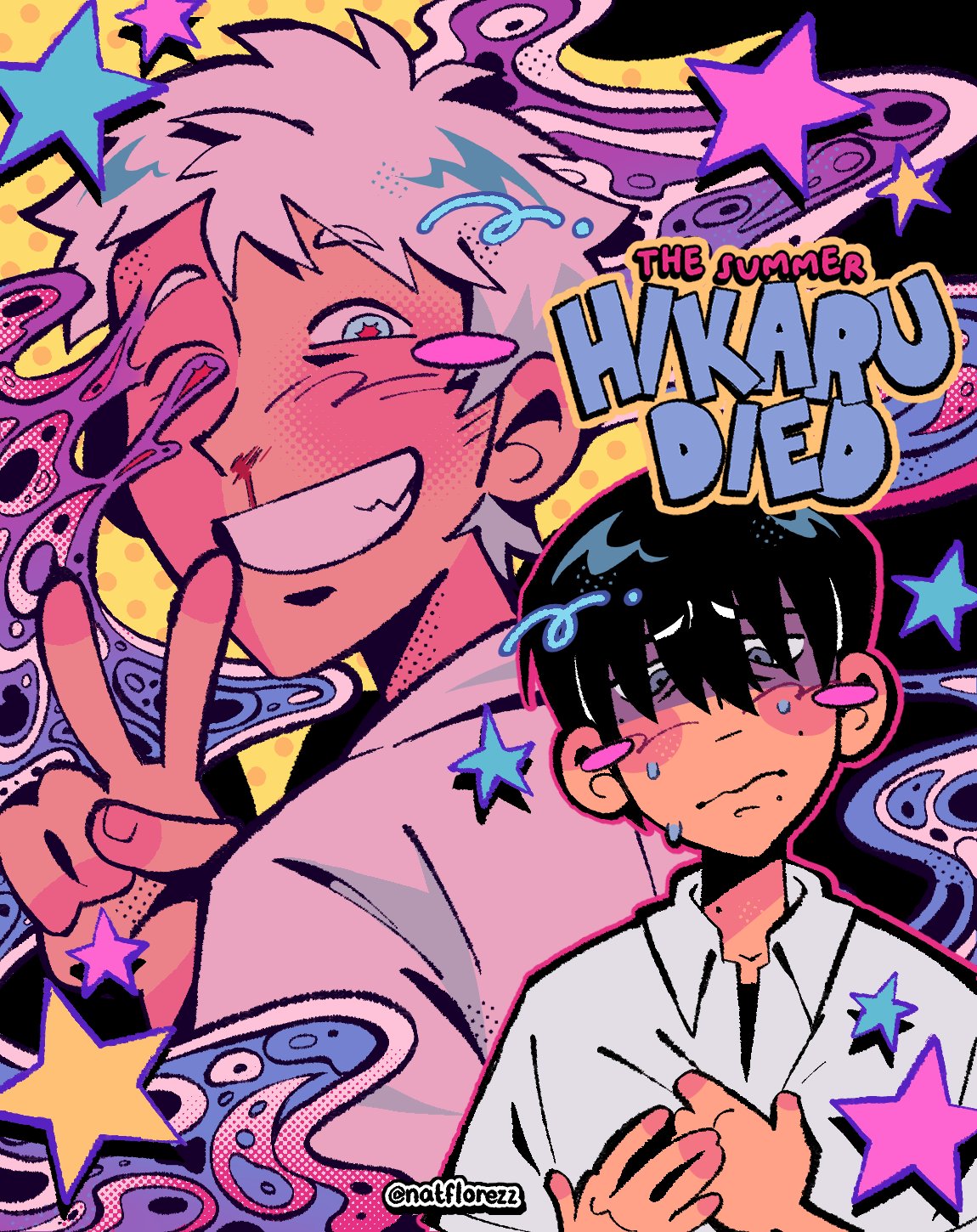 natflorezz, indou hikaru, tsujinaka yoshiki, hikaru ga shinda natsu, commentary, english commentary, highres, 2boys, black hair, blood, blush, blush stickers, body horror, collared shirt, copyright name, grin, male focus, melting eyes, melting face, mole, mole on cheek, mole on neck, mole under eye, mole under mouth, multiple boys, multiple moles, nosebleed, red pupils, shirt, short hair, short sleeves, smile, teeth, upper body, white hair, white shirt