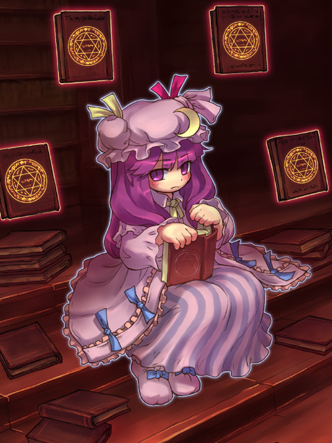 sankuma, patchouli knowledge, touhou, 1girl, book, female focus, hat, indoors, sitting, solo