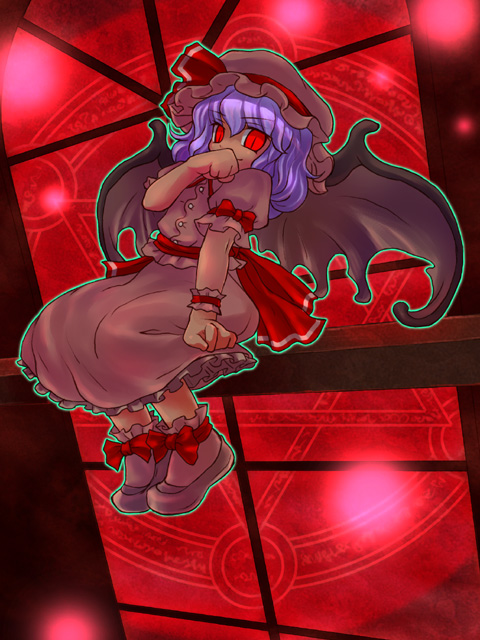 sankuma, remilia scarlet, touhou, 1girl, blue hair, female focus, full body, hat, skirt, solo, wings