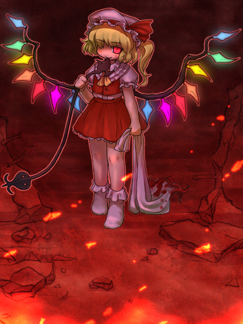 sankuma, flandre scarlet, touhou, 1girl, female focus, full body, glowing, hat, mob cap, one eye closed, outline, socks, solo, standing, white socks, wings, wink