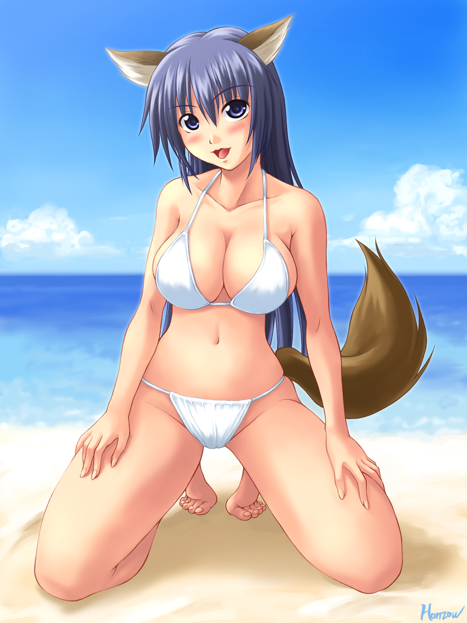 kagehara hanzou, highres, 1girl, animal ears, beach, bikini, blue eyes, blue hair, breasts, cleavage, cloud, day, dog ears, dog tail, feet, female focus, full body, kneeling, large breasts, long hair, matching hair/eyes, open mouth, outdoors, sky, solo, squatting, swimsuit, tail, white bikini