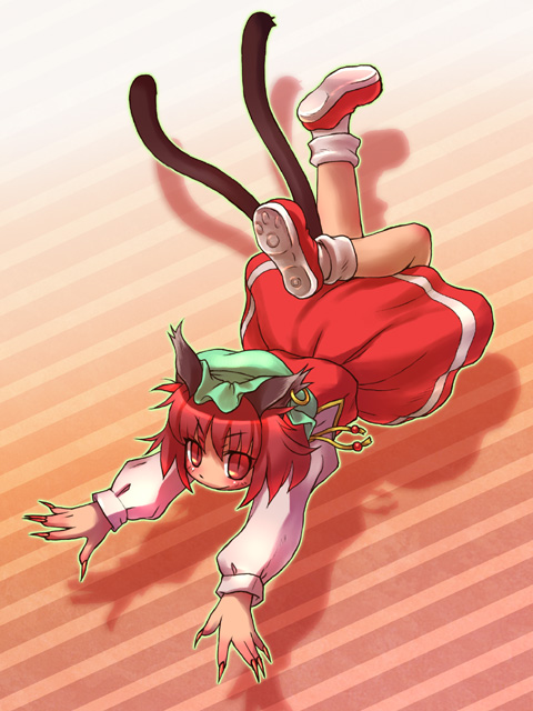 sankuma, chen, touhou, 1girl, animal ears, brown eyes, brown hair, cat ears, cat girl, cat tail, earrings, female focus, fingernails, full body, gradient background, hat, jewelry, long fingernails, multiple tails, nail (hardware), skirt, solo, tail