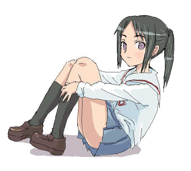 hashi, kasanui, original, tagme, 1girl, black hair, black socks, female focus, jaggy lines, long sleeves, oekaki, ponytail, purple eyes, school uniform, serafuku, sitting, skirt, socks, solo