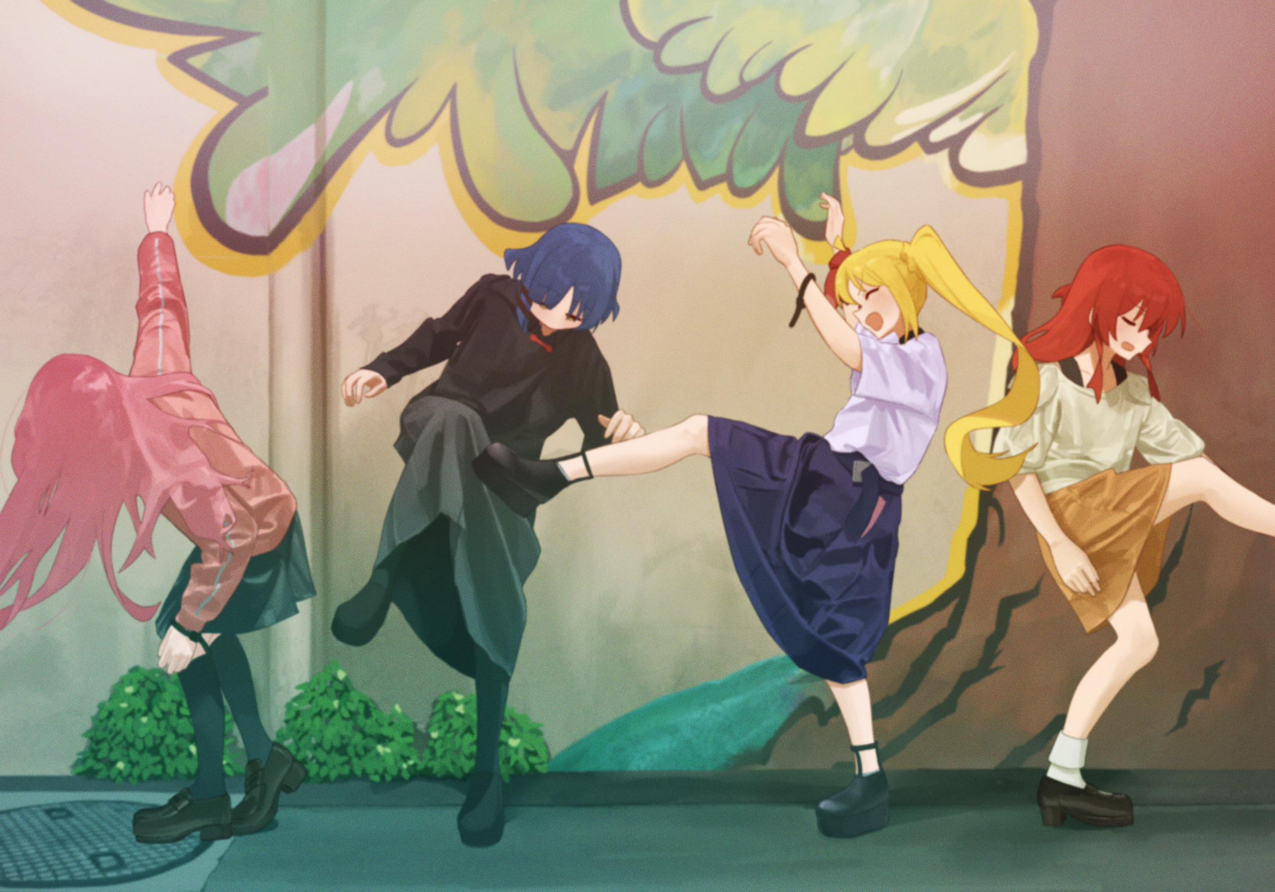 shirasuke 0822, gotoh hitori, ijichi nijika, kita ikuyo, yamada ryo, bocchi the rock!, commentary request, highres, 4girls, ahoge, black shirt, black shoes, black socks, blonde hair, blue hair, blue skirt, detached ahoge, grey skirt, hair ornament, hairclip, jacket, kessoku band, kneehighs, loafers, long hair, long skirt, long sleeves, multiple girls, one side up, orange skirt, pink hair, pink jacket, platform shoes, real world location, red hair, shirt, shoes, short hair, side ponytail, skirt, socks, white socks