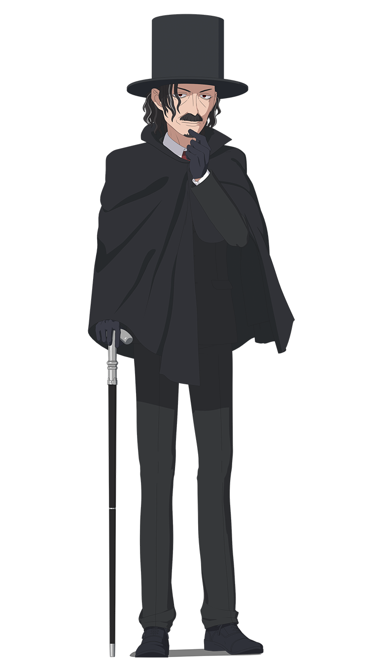 shinigami bocchan to kuro maid, highres, official art, 1boy, anime coloring, beard, black capelet, black gloves, black hair, black hat, black jacket, black pants, black shoes, black suit, capelet, closed mouth, collared capelet, collared shirt, dress shoes, facial hair, formal clothes, full body, gloves, hand on own chin, hand up, hat, holding, holding staff, jacket, kuwabata mitsuru, looking at viewer, mature male, multicolored hair, mustache, necktie, pants, red eyes, red necktie, shirt, shoes, simple background, solo, staff, standing, suit, suit jacket, tachi-e, top hat, transparent background, two-tone hair, v-shaped eyebrows, viktor (shinigami bocchan to kuro maid), white hair, white shirt, wrinkled skin