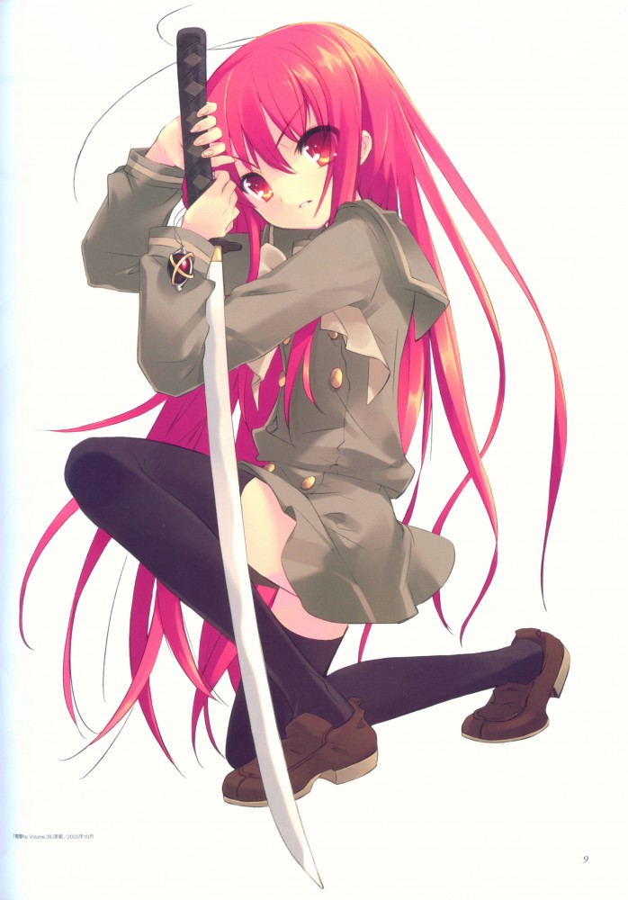 ito noizi, alastor (shakugan no shana), shana, shakugan no shana, 00s, 1girl, female focus, jewelry, katana, kneeling, long hair, on one knee, pendant, red eyes, red hair, school uniform, serafuku, solo, sword, thighhighs, weapon